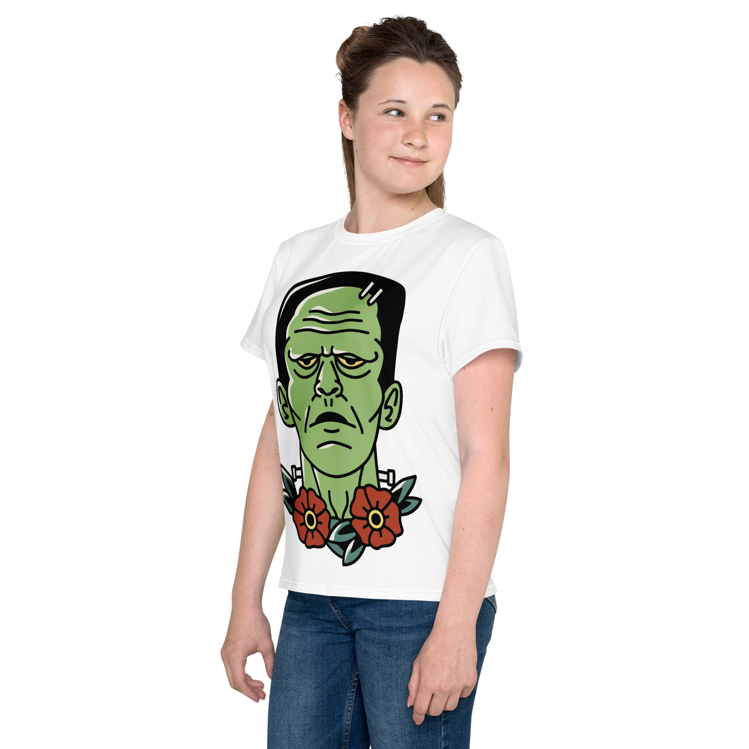 Youth Crew Neck T-Shirt – Frankenstein Cartoon Print | Black Kids Tee | 100% Cotton