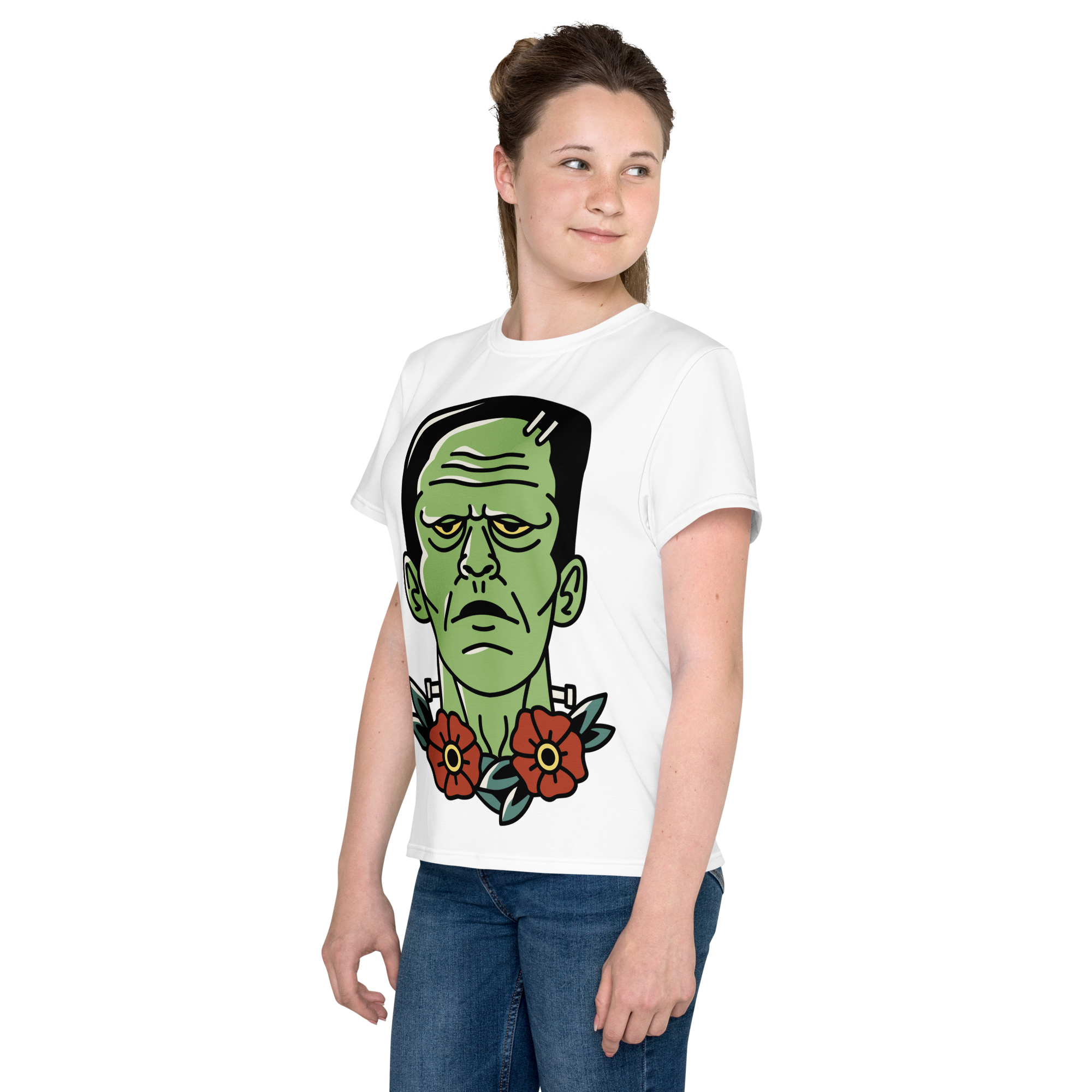 Youth Crew Neck T-Shirt – Frankenstein Cartoon Print | Black Kids Tee | 100% Cotton