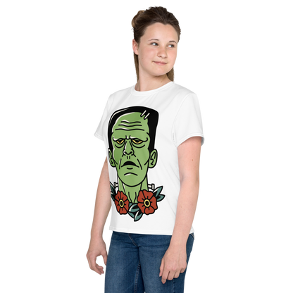 Youth Crew Neck T-Shirt – Frankenstein Cartoon Print | Black Kids Tee | 100% Cotton