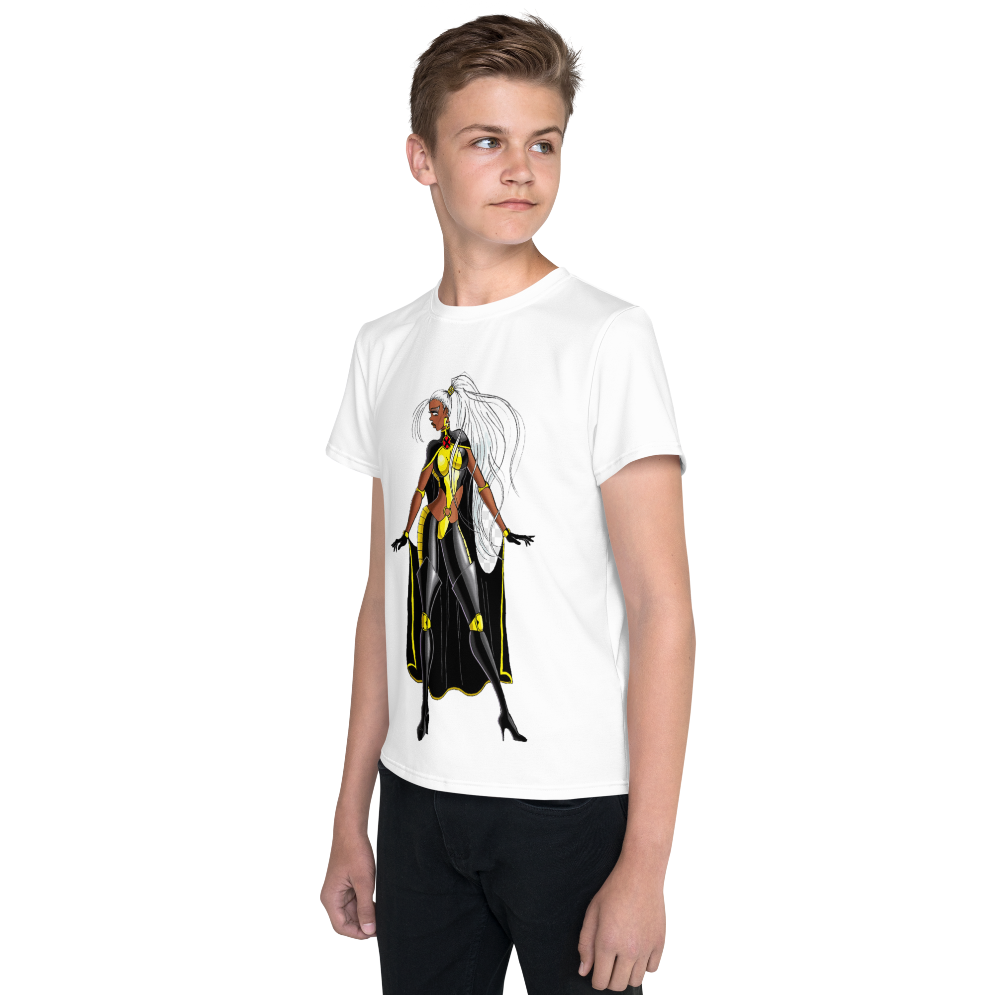 Youth Crew Neck T-Shirt – Storm Comic Art Print | Black Cotton Kids Tee | Voce Lindx