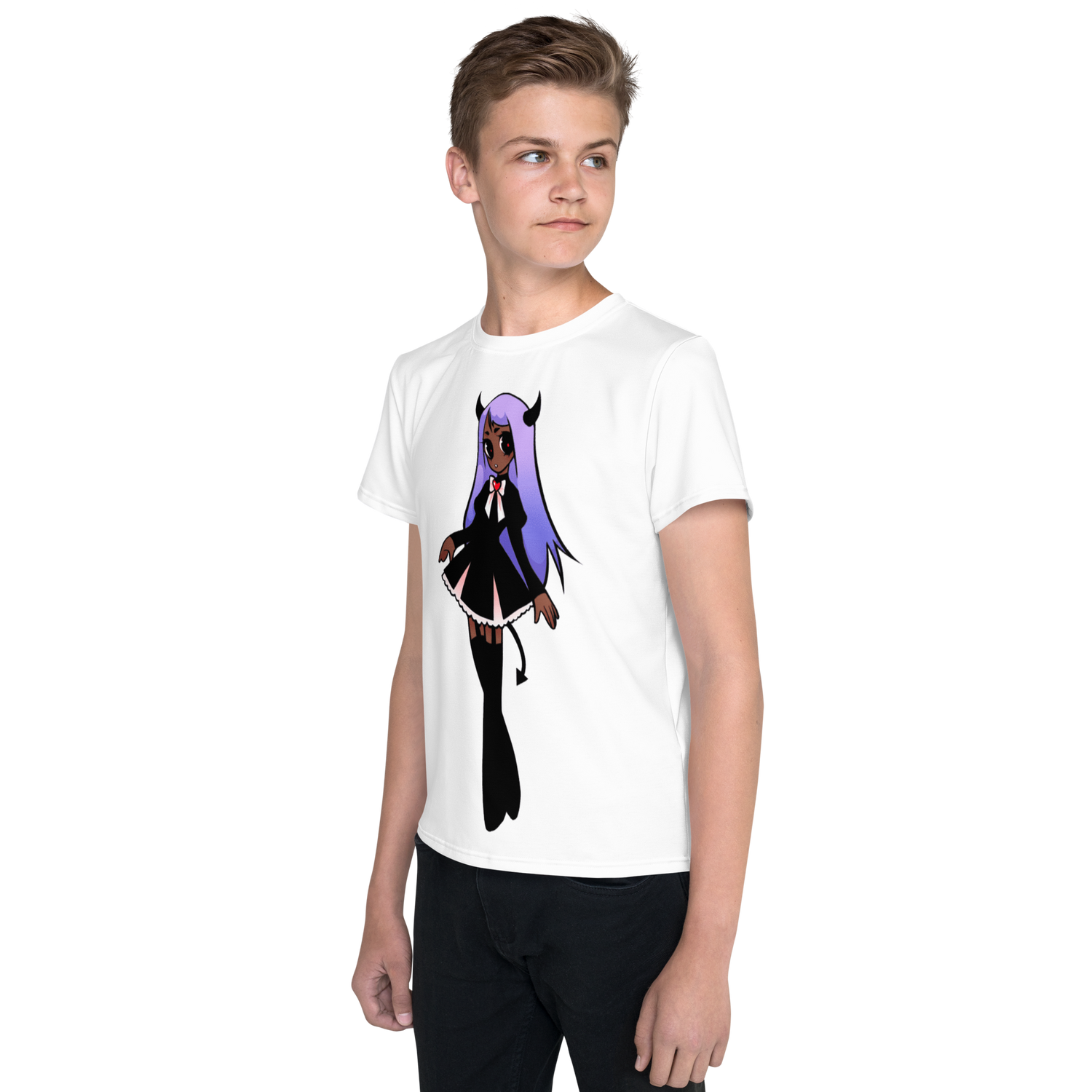 Youth Crew Neck T-Shirt – Black Widow Superhero Print | Soft Black Cotton Tee | Voce Lindx