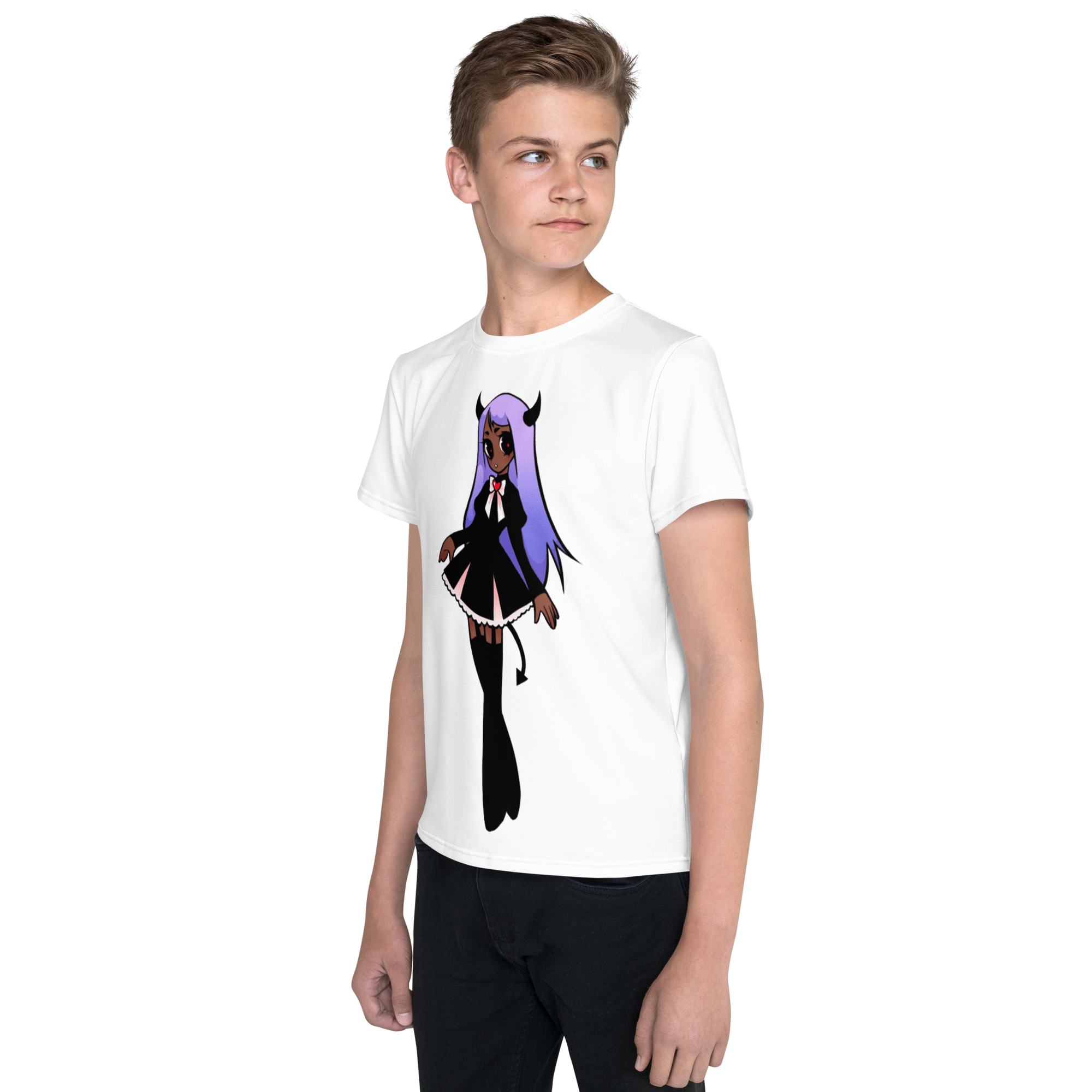 Youth Crew Neck T-Shirt – Black Widow Superhero Print | Soft Black Cotton Tee | Voce Lindx