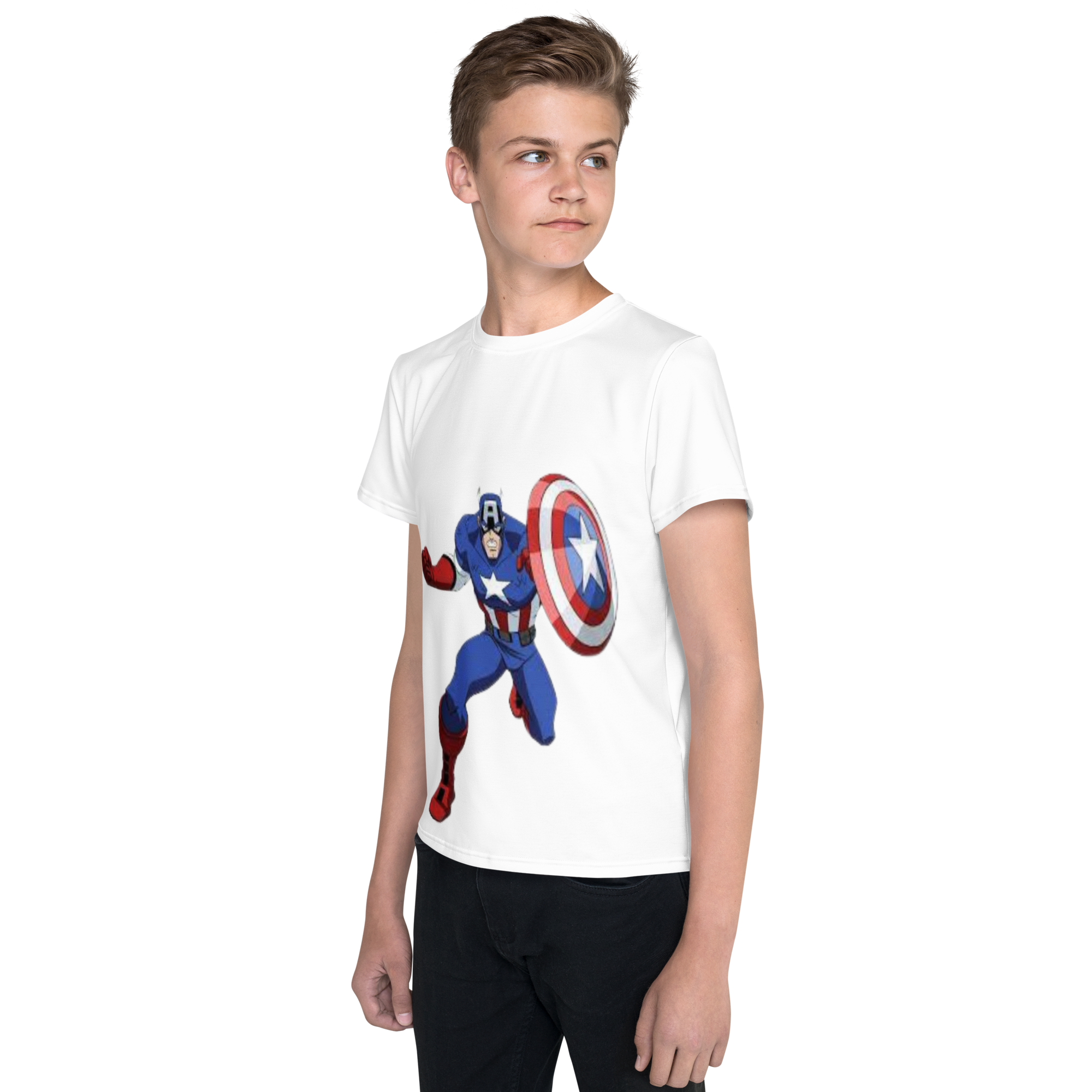 Youth Crew Neck T-Shirt – Captain America Inspired Shield Print | White Cotton Kids Tee | Voce Lindx