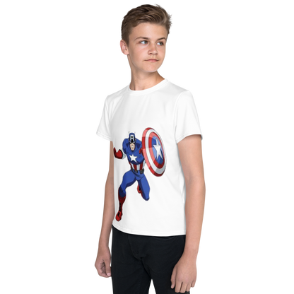 Youth Crew Neck T-Shirt – Captain America Inspired Shield Print | White Cotton Kids Tee | Voce Lindx