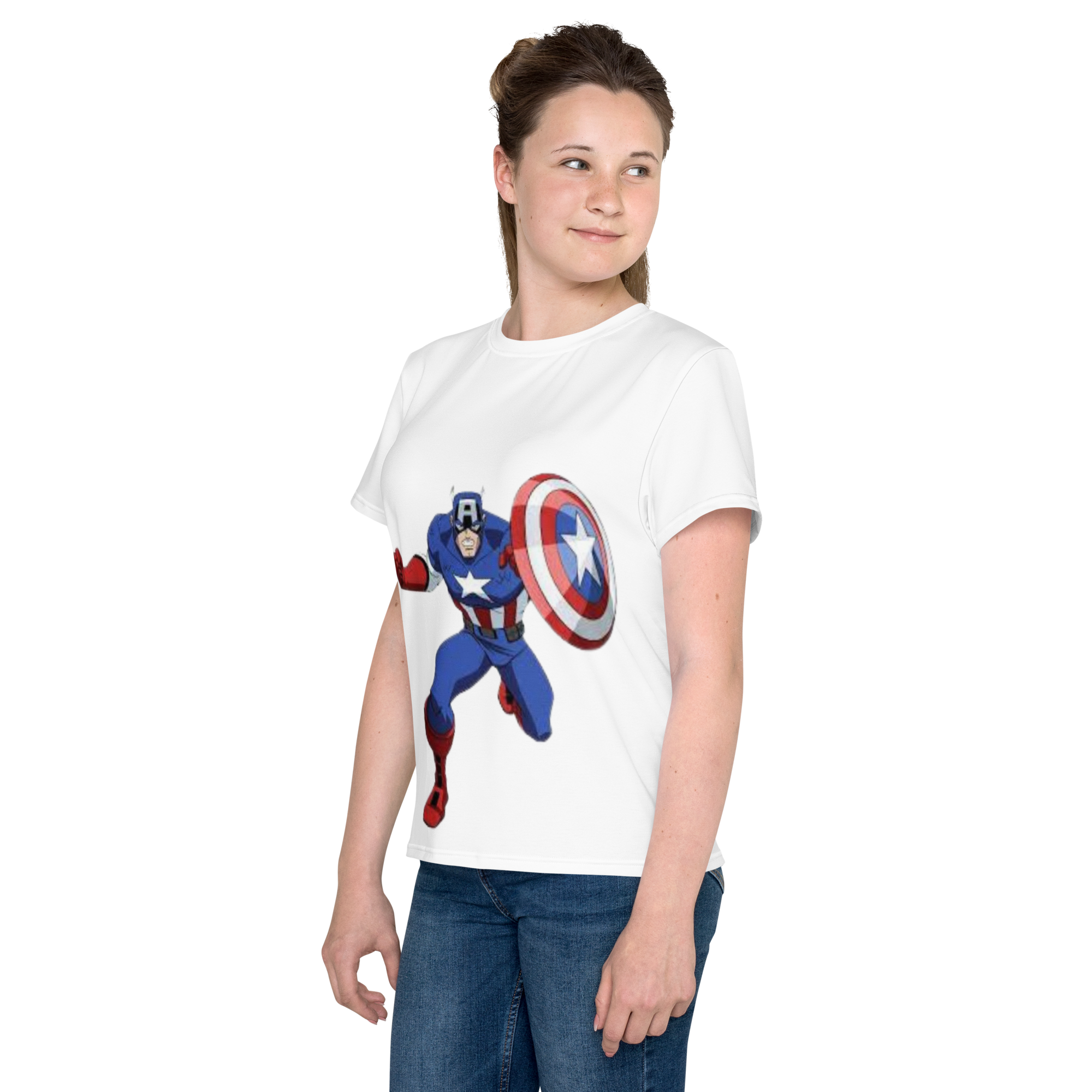 Youth Crew Neck T-Shirt – Captain America Inspired Shield Print | White Cotton Kids Tee | Voce Lindx