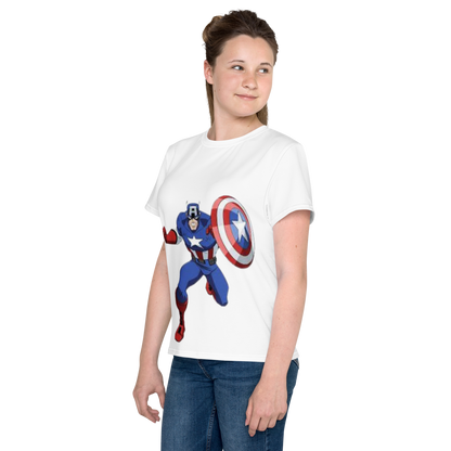 Youth Crew Neck T-Shirt – Captain America Inspired Shield Print | White Cotton Kids Tee | Voce Lindx