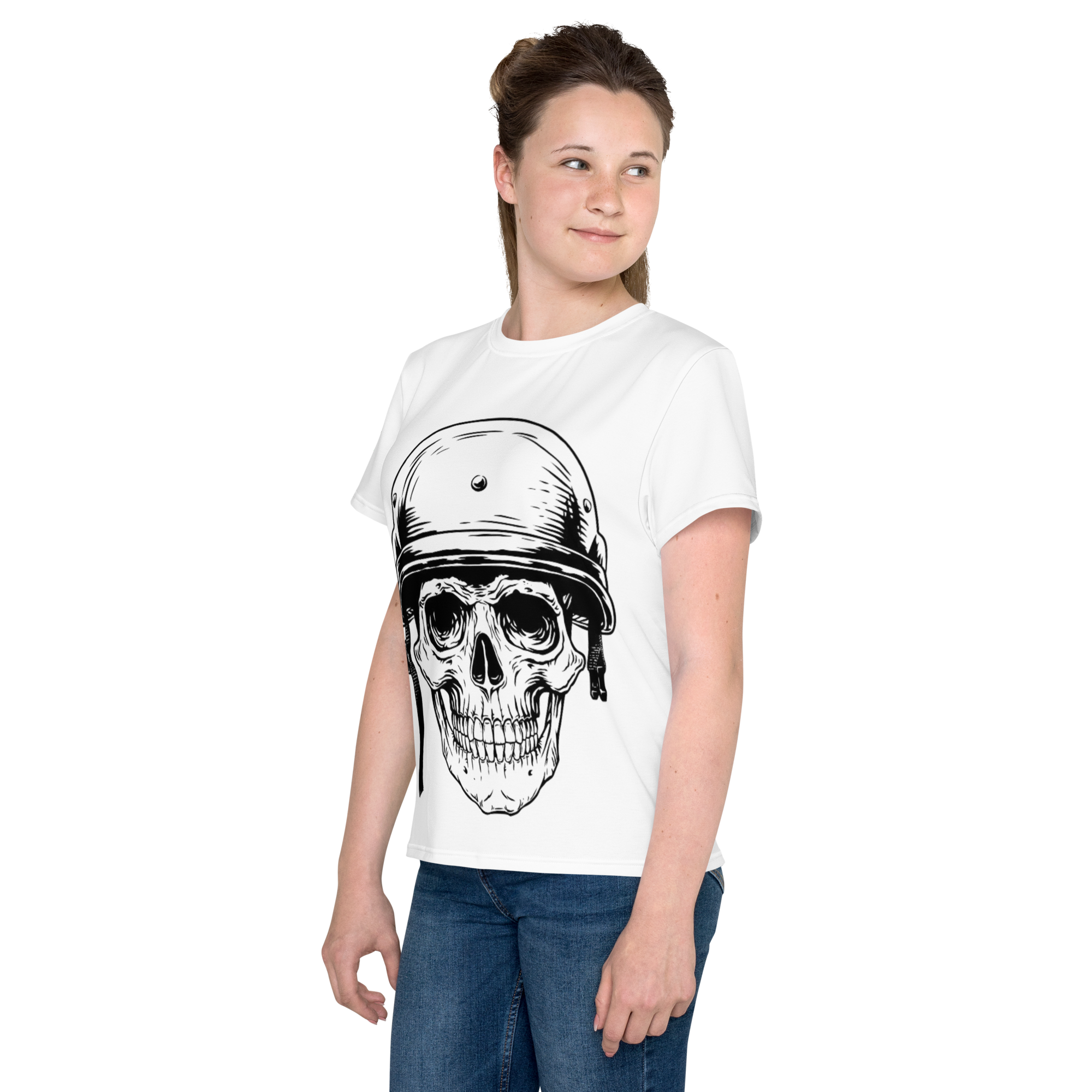 Youth Crew Neck T-Shirt – Skull in a Beret Graphic | White Cotton Tee for Kids | Voce Lindx