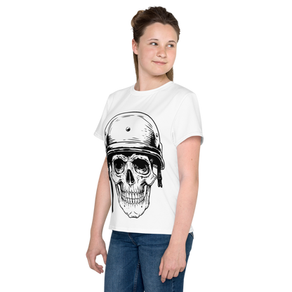 Youth Crew Neck T-Shirt – Skull in a Beret Graphic | White Cotton Tee for Kids | Voce Lindx