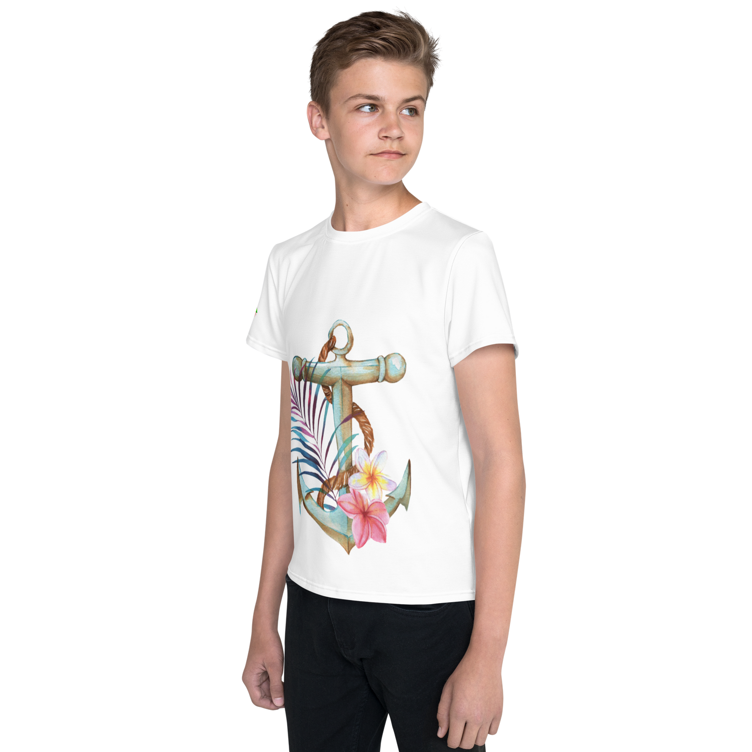 Youth Crew Neck T-Shirt – Nautical Anchor Graphic | Soft White Cotton Tee for Kids | Voce Lindx