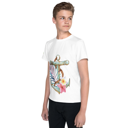 Youth Crew Neck T-Shirt – Nautical Anchor Graphic | Soft White Cotton Tee for Kids | Voce Lindx