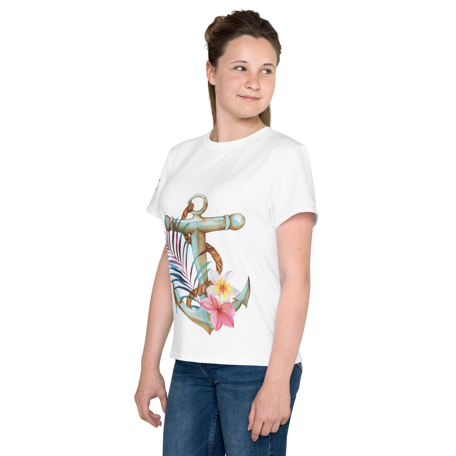 Youth Crew Neck T-Shirt – Nautical Anchor Graphic | Soft White Cotton Tee for Kids | Voce Lindx