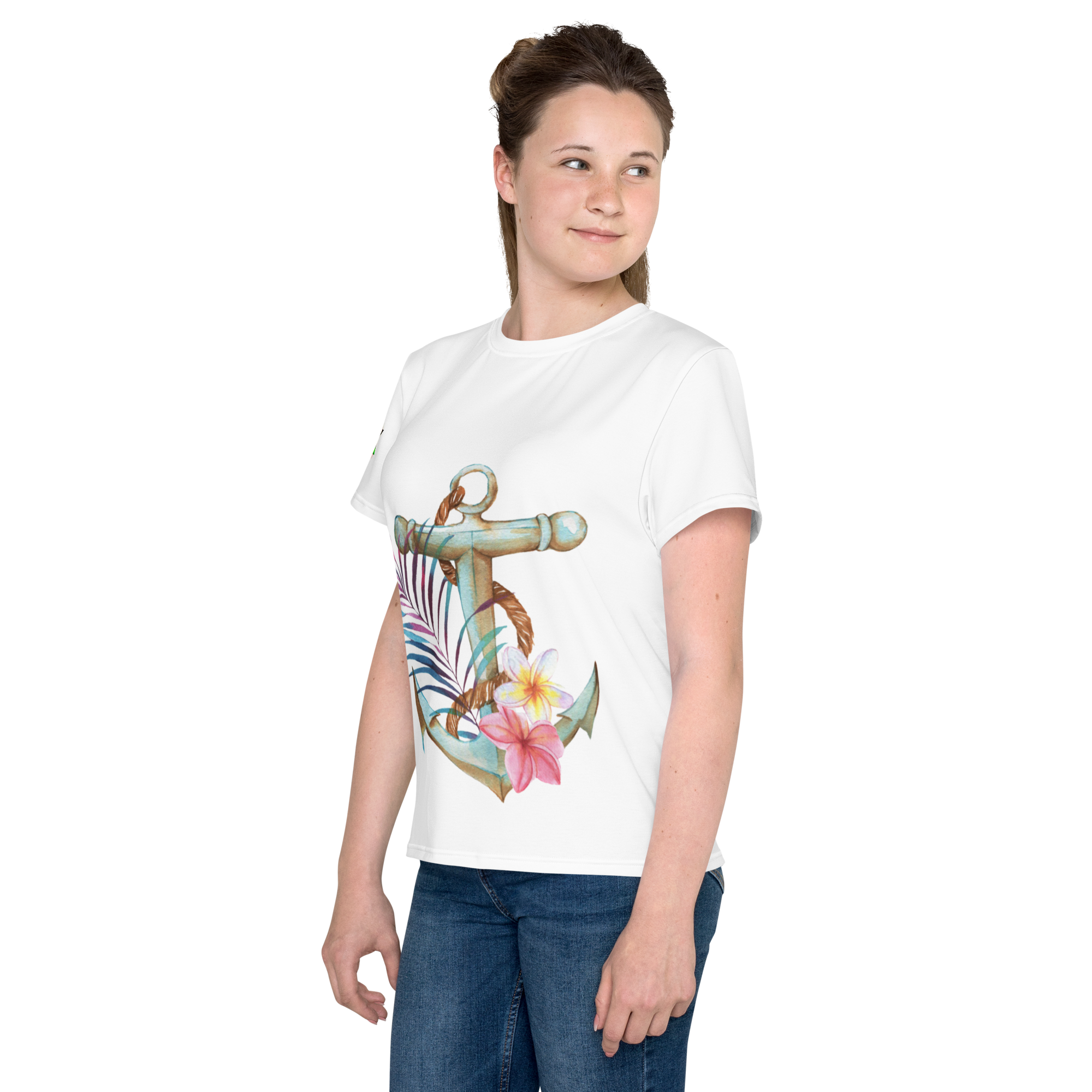 Youth Crew Neck T-Shirt – Nautical Anchor Graphic | Soft White Cotton Tee for Kids | Voce Lindx