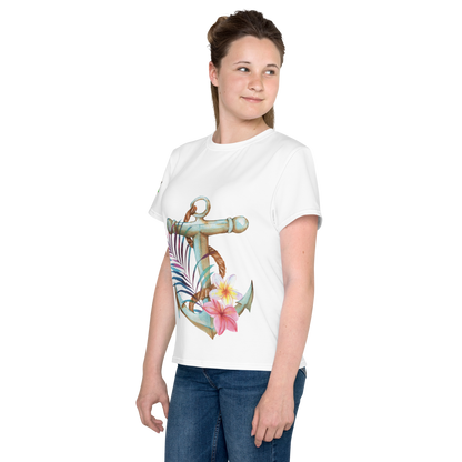 Youth Crew Neck T-Shirt – Nautical Anchor Graphic | Soft White Cotton Tee for Kids | Voce Lindx