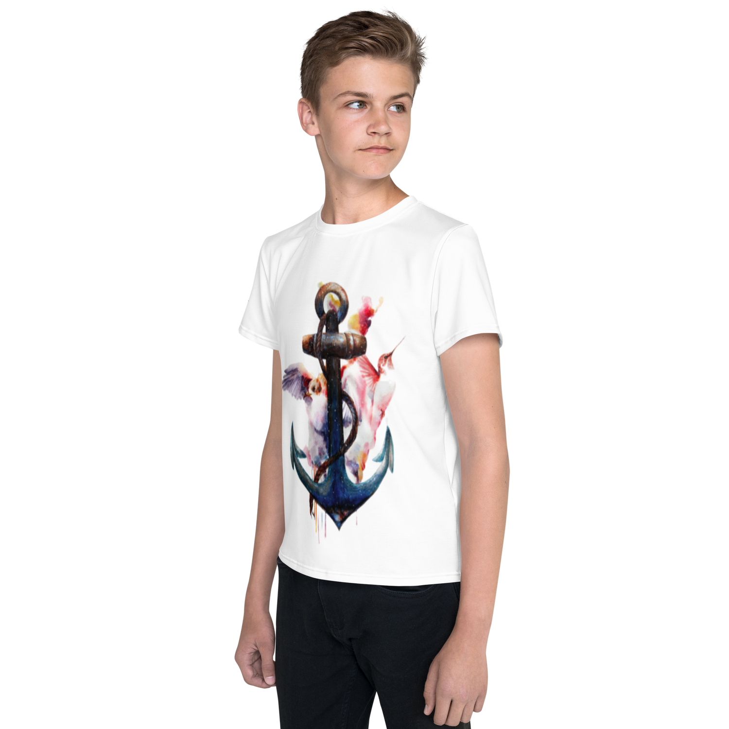Youth Crew Neck T-Shirt – Anchor and Hummingbird Print | Soft White Cotton Tee for Kids | Voce Lindx