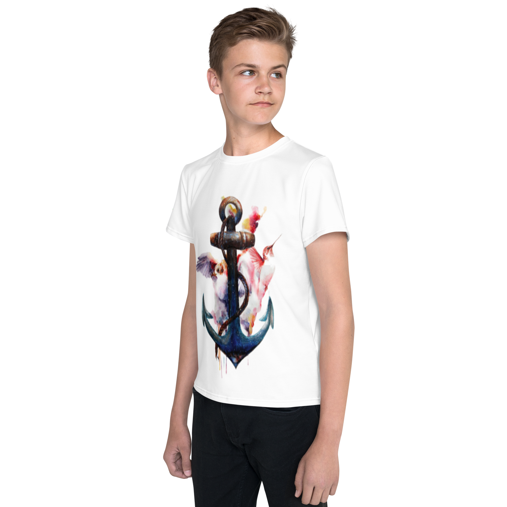 Youth Crew Neck T-Shirt – Anchor and Hummingbird Print | Soft White Cotton Tee for Kids | Voce Lindx