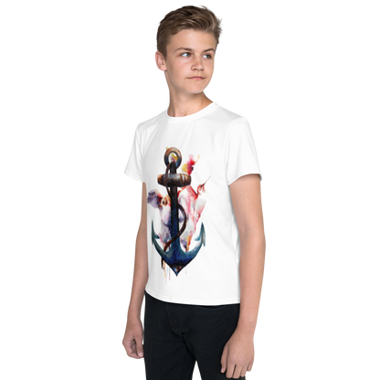 Youth Crew Neck T-Shirt – Anchor and Hummingbird Print | Soft White Cotton Tee for Kids | Voce Lindx