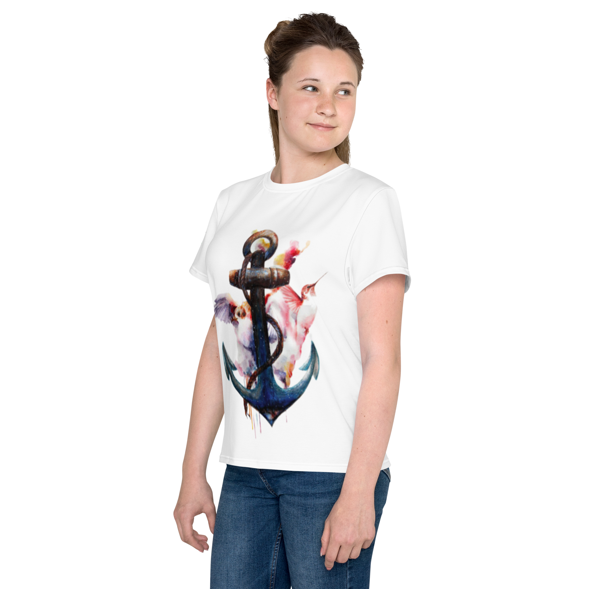 Youth Crew Neck T-Shirt – Anchor and Hummingbird Print | Soft White Cotton Tee for Kids | Voce Lindx