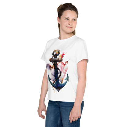 Youth Crew Neck T-Shirt – Anchor and Hummingbird Print | Soft White Cotton Tee for Kids | Voce Lindx