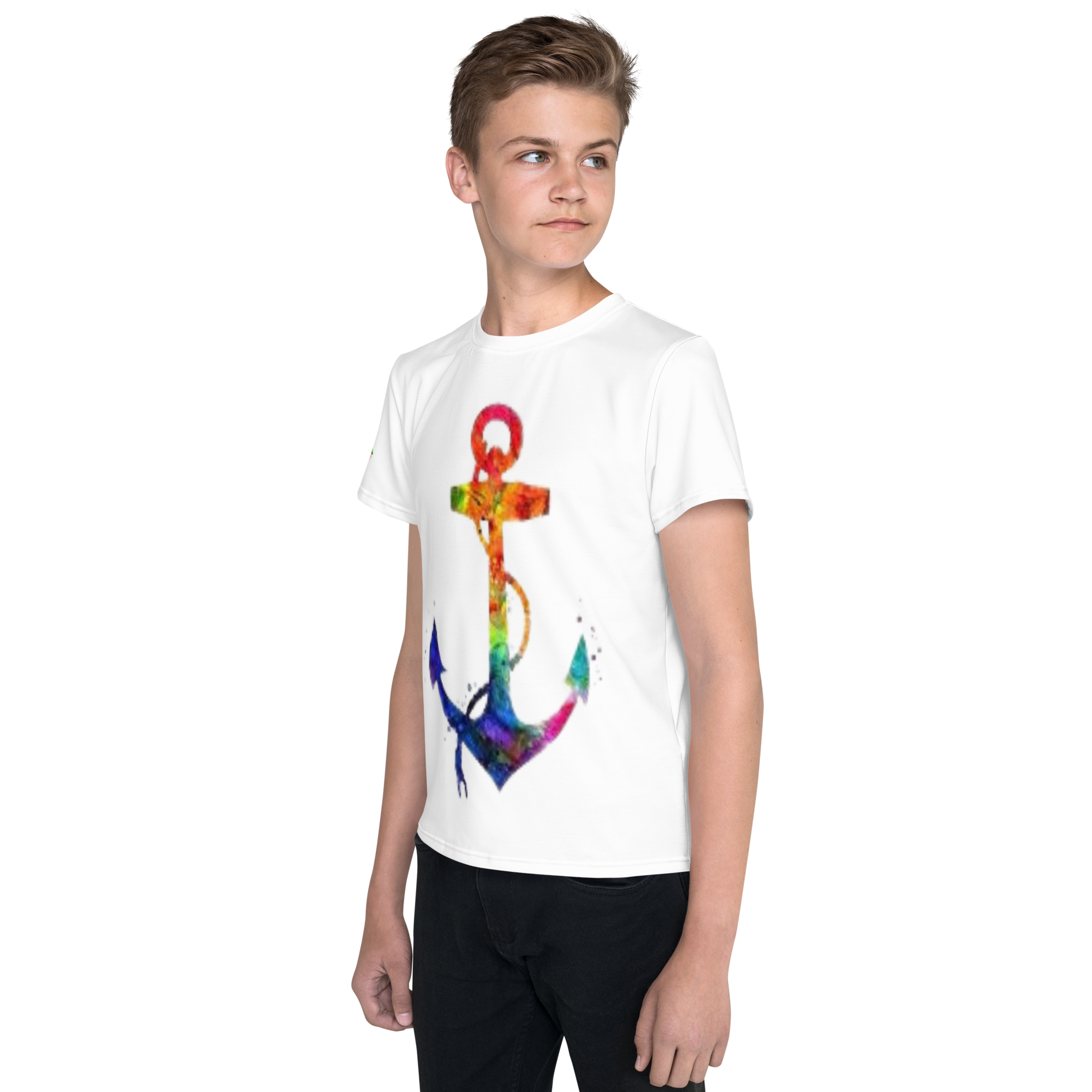 Youth Crew Neck T-Shirt – Rainbow Anchor Print | White Cotton Tee for Kids | Voce Lindx