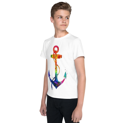 Youth Crew Neck T-Shirt – Rainbow Anchor Print | White Cotton Tee for Kids | Voce Lindx
