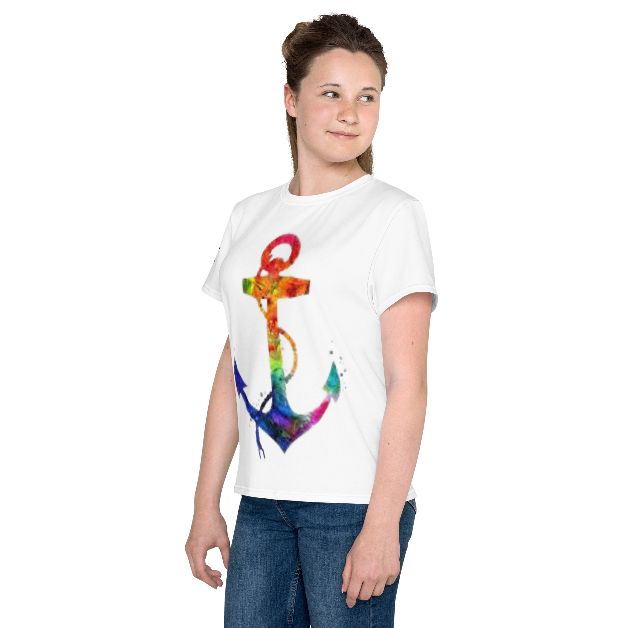 Youth Crew Neck T-Shirt – Rainbow Anchor Print | White Cotton Tee for Kids | Voce Lindx