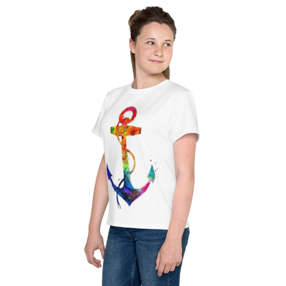 Youth Crew Neck T-Shirt – Rainbow Anchor Print | White Cotton Tee for Kids | Voce Lindx
