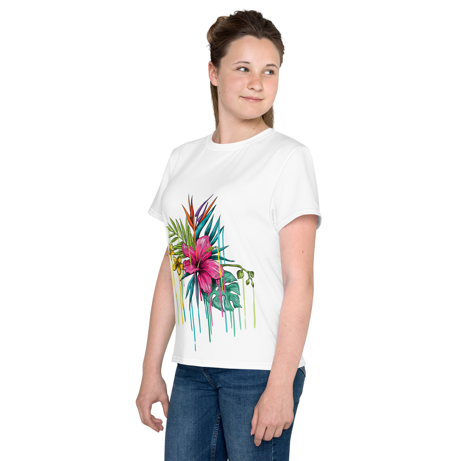 Youth Crew Neck T-Shirt – Pink Flower Graphic | White Cotton Tee for Kids | Voce Lindx