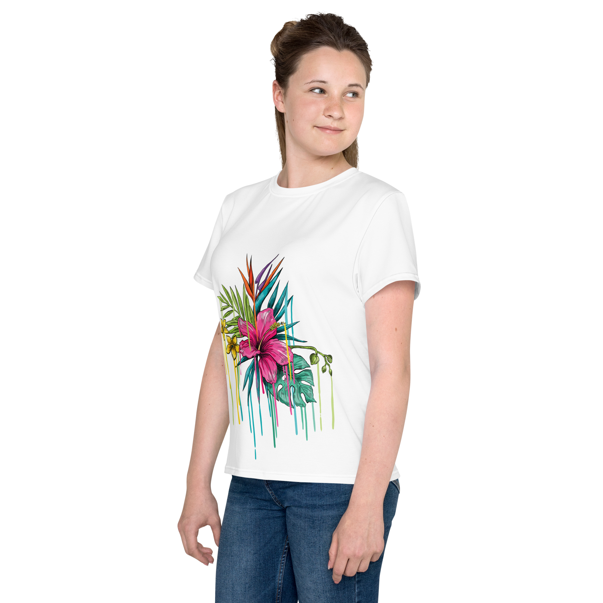 Youth Crew Neck T-Shirt – Pink Flower Graphic | White Cotton Tee for Kids | Voce Lindx