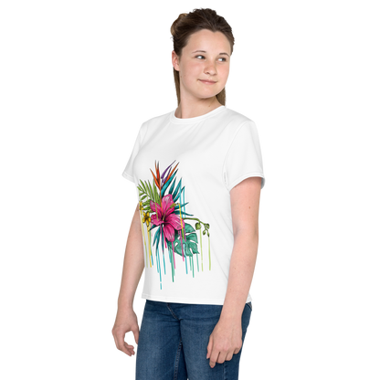 Youth Crew Neck T-Shirt – Pink Flower Graphic | White Cotton Tee for Kids | Voce Lindx