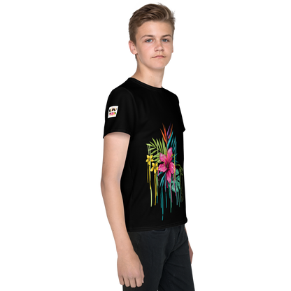 Black Youth Crew Neck T-Shirt – Pink Flower Graphic | 100% Cotton Kids Tee by Voce Lindx