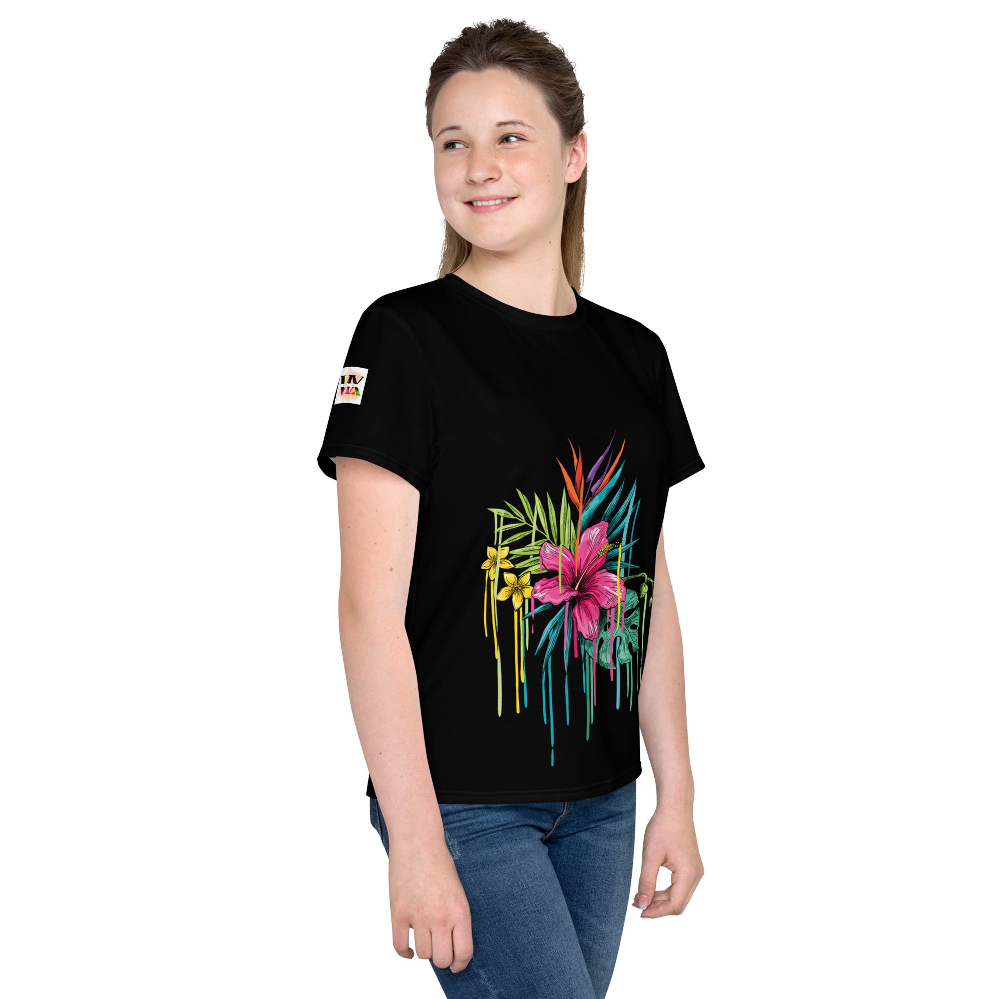 Black Youth Crew Neck T-Shirt – Pink Flower Graphic | 100% Cotton Kids Tee by Voce Lindx