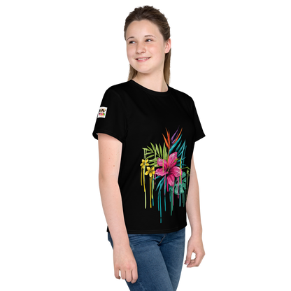 Black Youth Crew Neck T-Shirt – Pink Flower Graphic | 100% Cotton Kids Tee by Voce Lindx