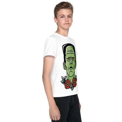 Youth Crew Neck T-Shirt – Frankenstein Cartoon Print | Black Kids Tee | 100% Cotton
