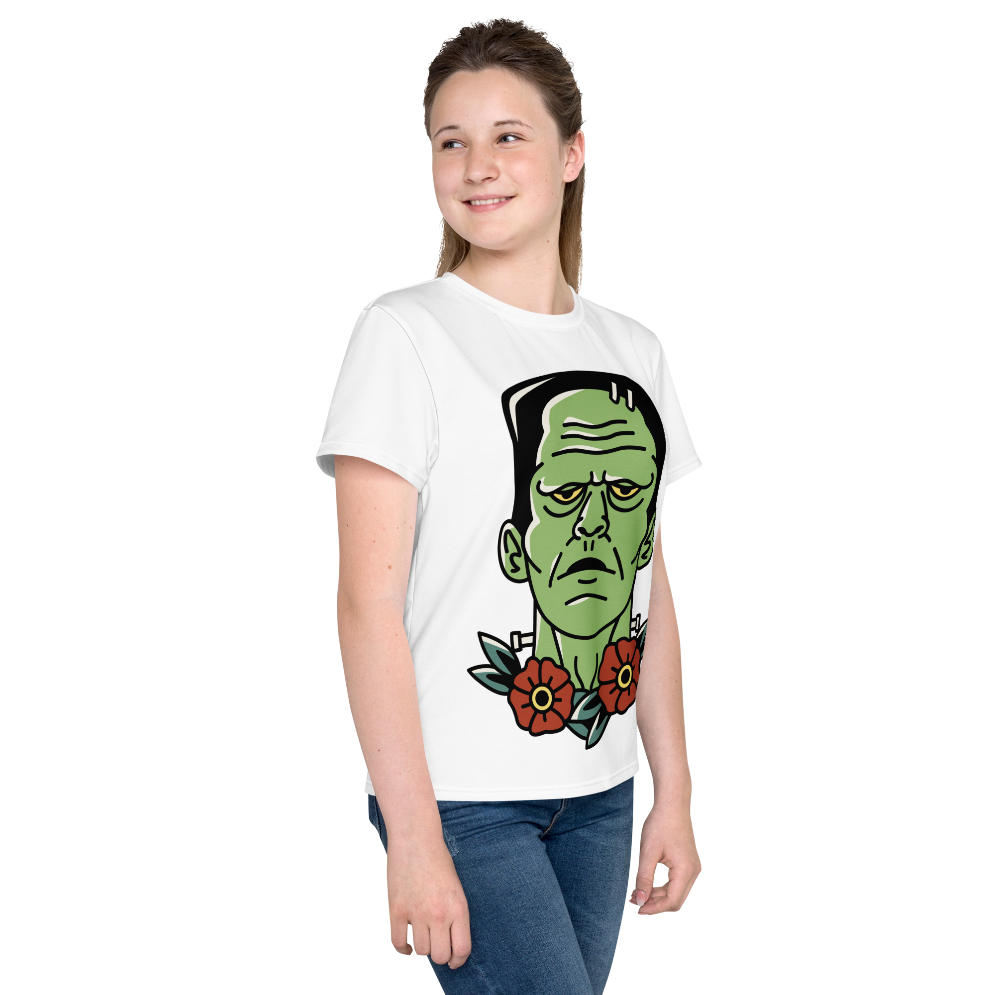 Youth Crew Neck T-Shirt – Frankenstein Cartoon Print | Black Kids Tee | 100% Cotton