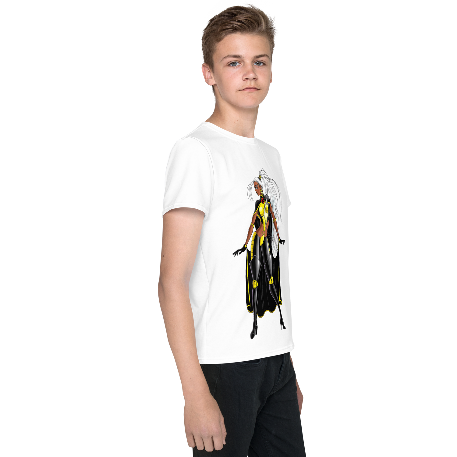 Youth Crew Neck T-Shirt – Storm Comic Art Print | Black Cotton Kids Tee | Voce Lindx