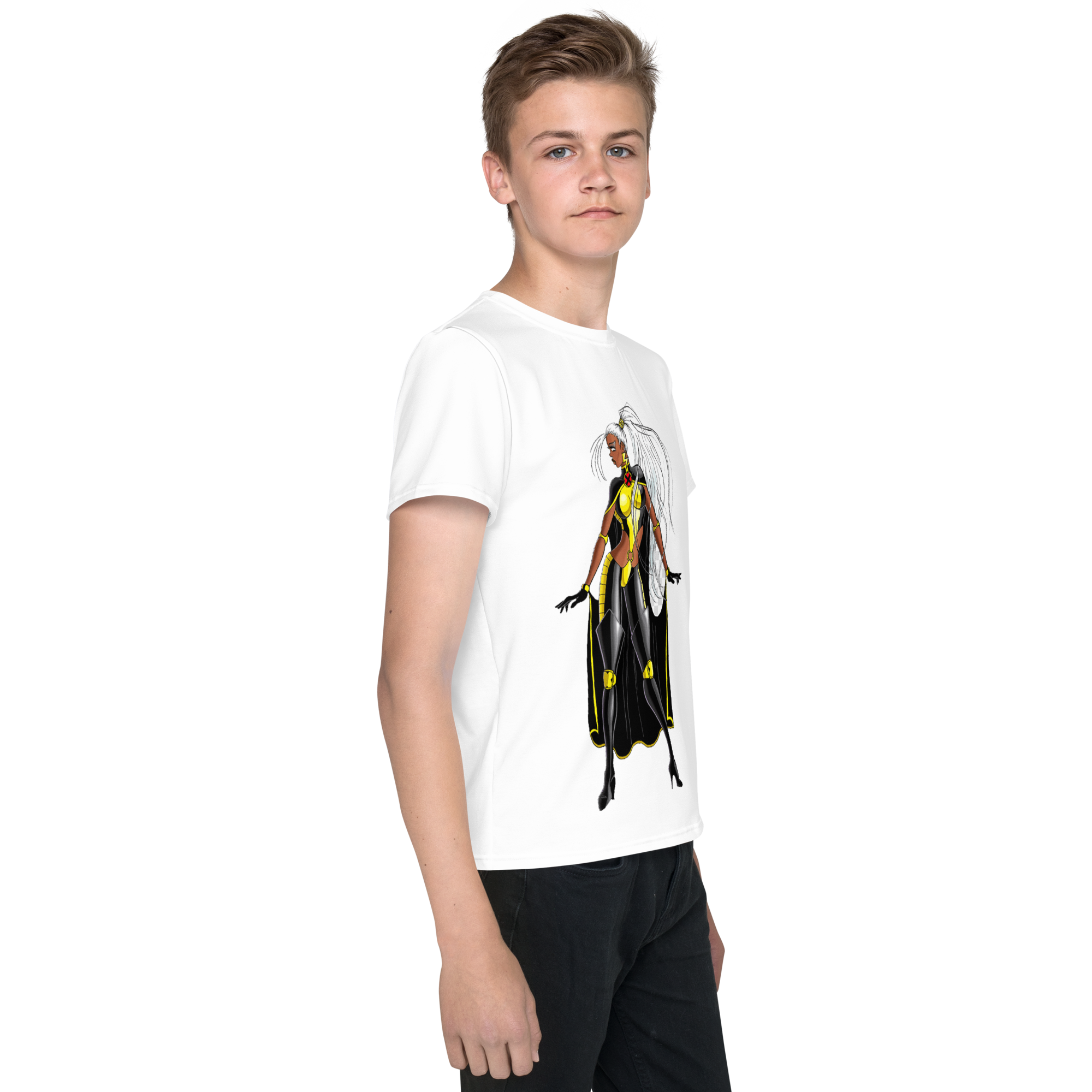 Youth Crew Neck T-Shirt – Storm Comic Art Print | Black Cotton Kids Tee | Voce Lindx