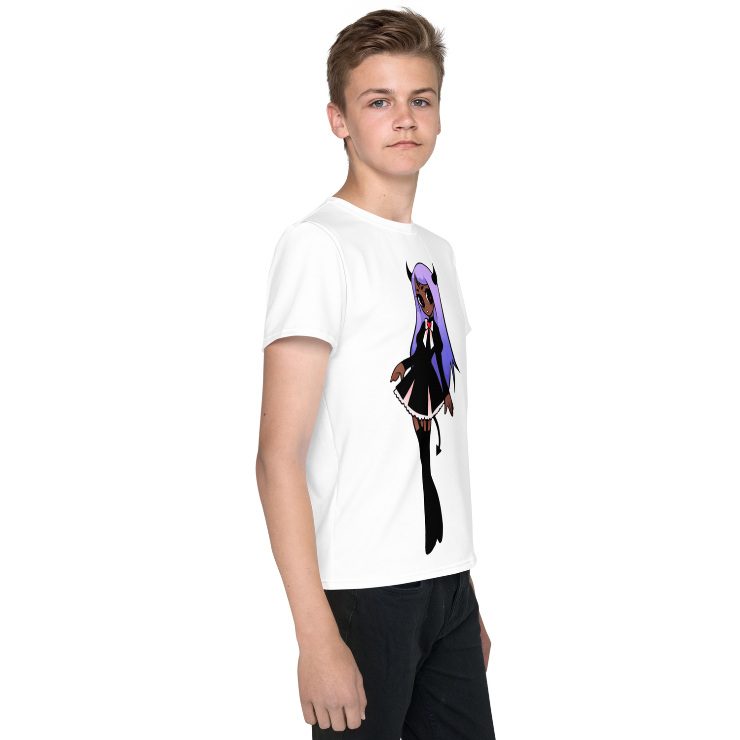 Youth Crew Neck T-Shirt – Black Widow Superhero Print | Soft Black Cotton Tee | Voce Lindx