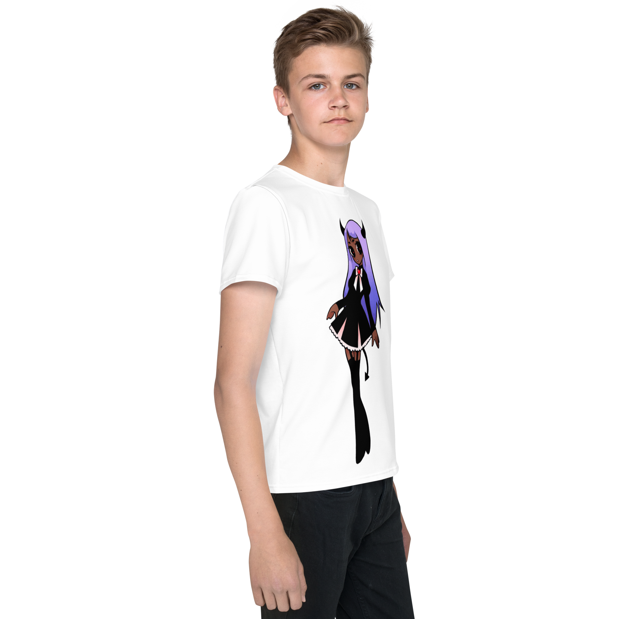 Youth Crew Neck T-Shirt – Black Widow Superhero Print | Soft Black Cotton Tee | Voce Lindx