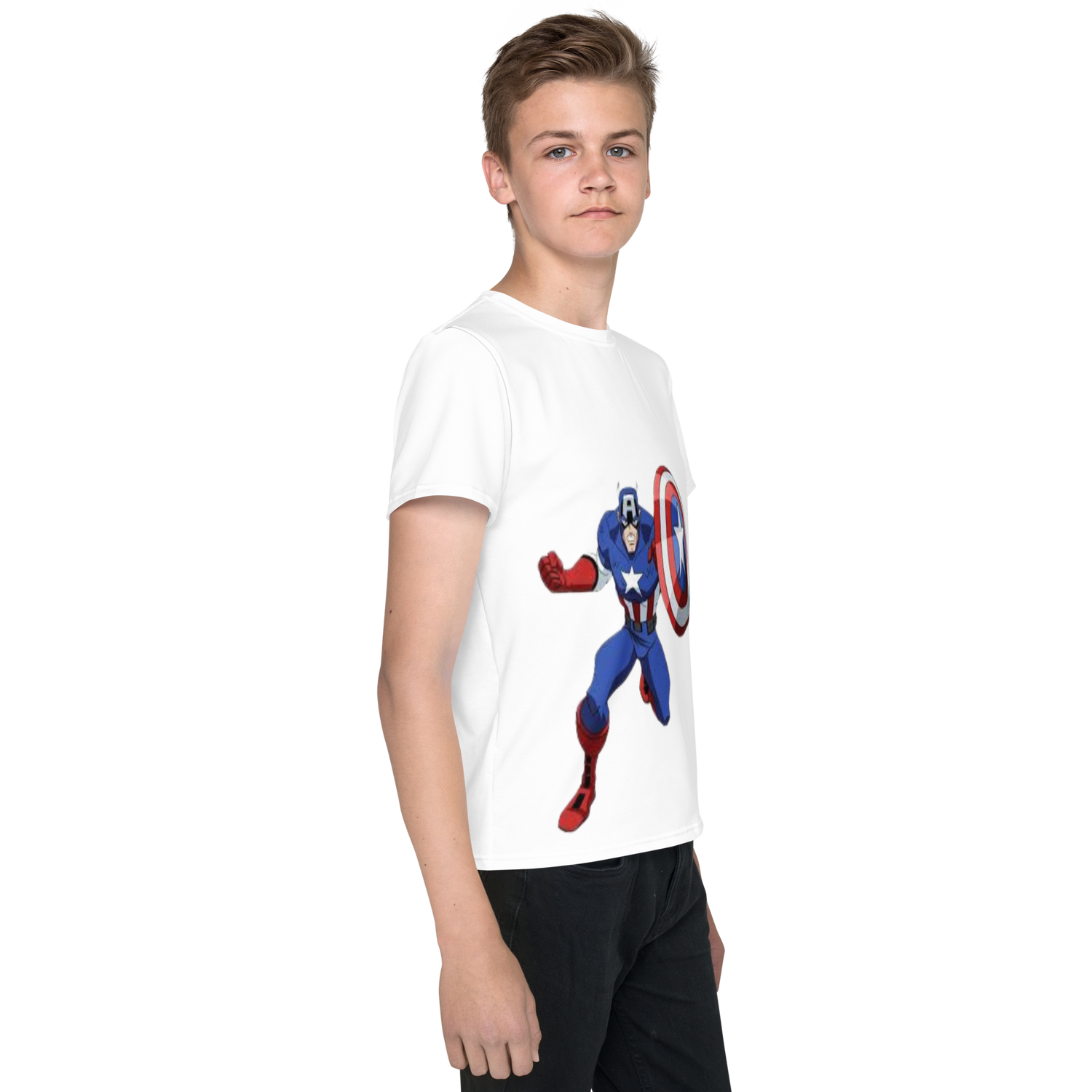 Youth Crew Neck T-Shirt – Captain America Inspired Shield Print | White Cotton Kids Tee | Voce Lindx