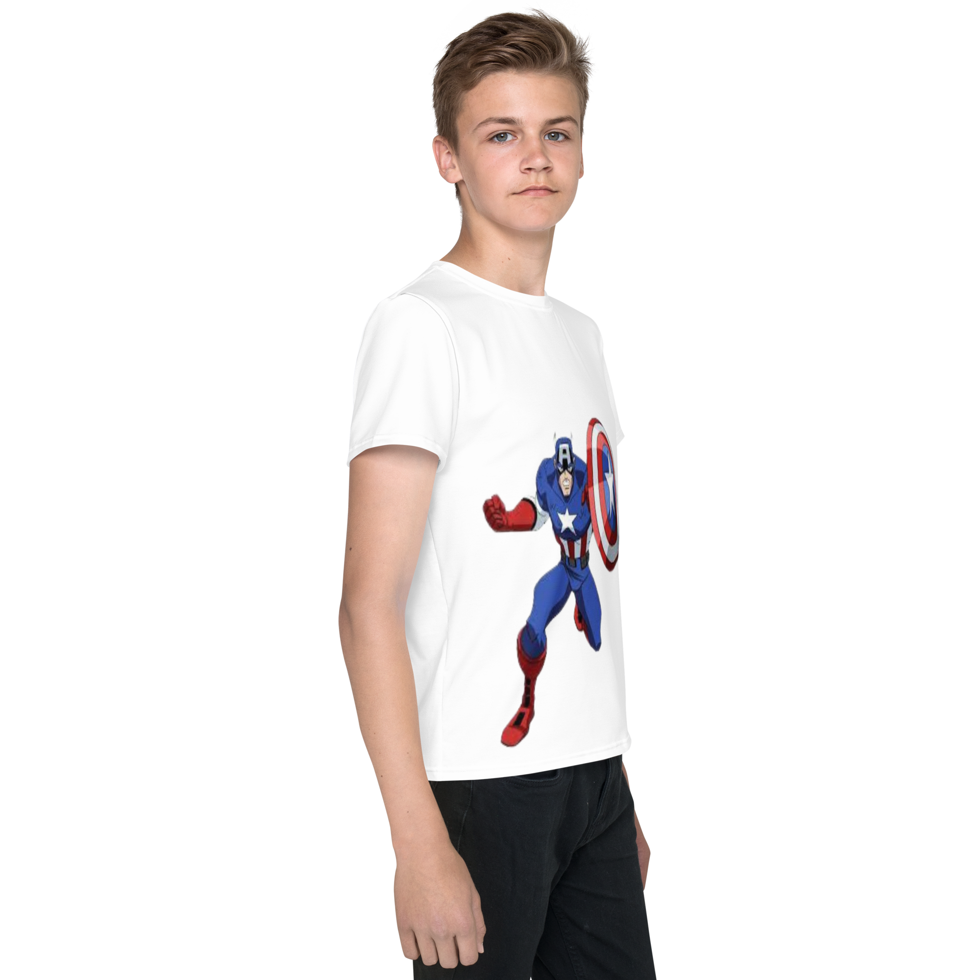 Youth Crew Neck T-Shirt – Captain America Inspired Shield Print | White Cotton Kids Tee | Voce Lindx