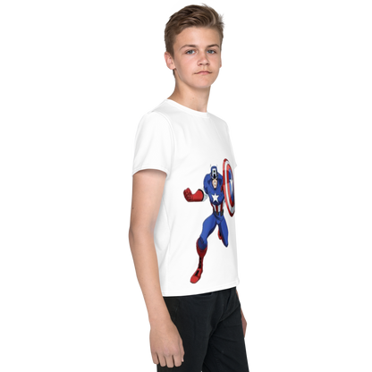 Youth Crew Neck T-Shirt – Captain America Inspired Shield Print | White Cotton Kids Tee | Voce Lindx