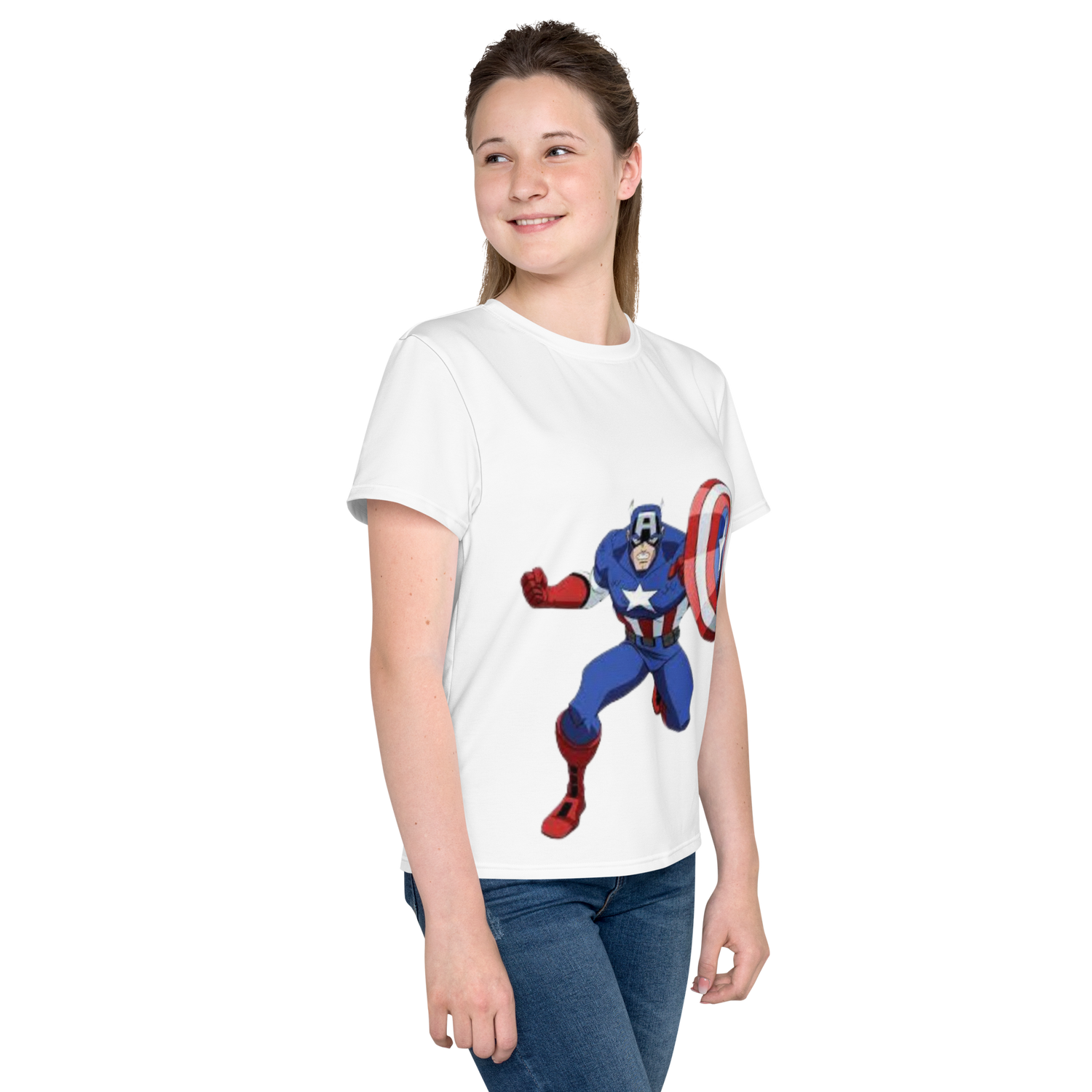 Youth Crew Neck T-Shirt – Captain America Inspired Shield Print | White Cotton Kids Tee | Voce Lindx