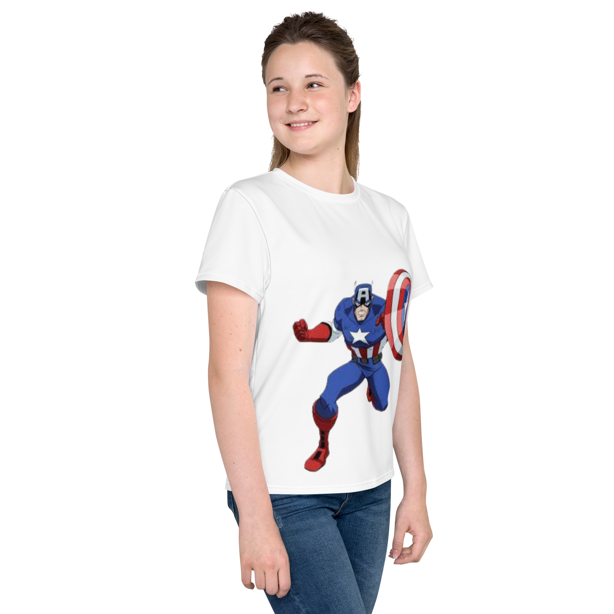 Youth Crew Neck T-Shirt – Captain America Inspired Shield Print | White Cotton Kids Tee | Voce Lindx