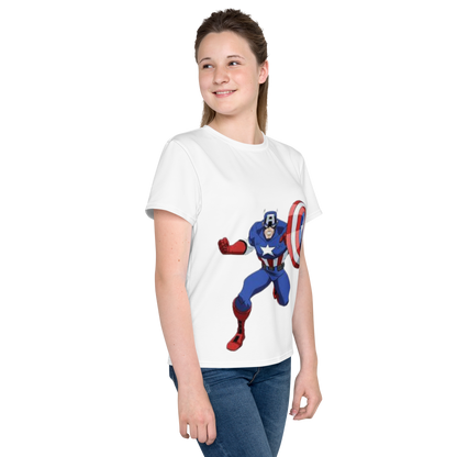 Youth Crew Neck T-Shirt – Captain America Inspired Shield Print | White Cotton Kids Tee | Voce Lindx