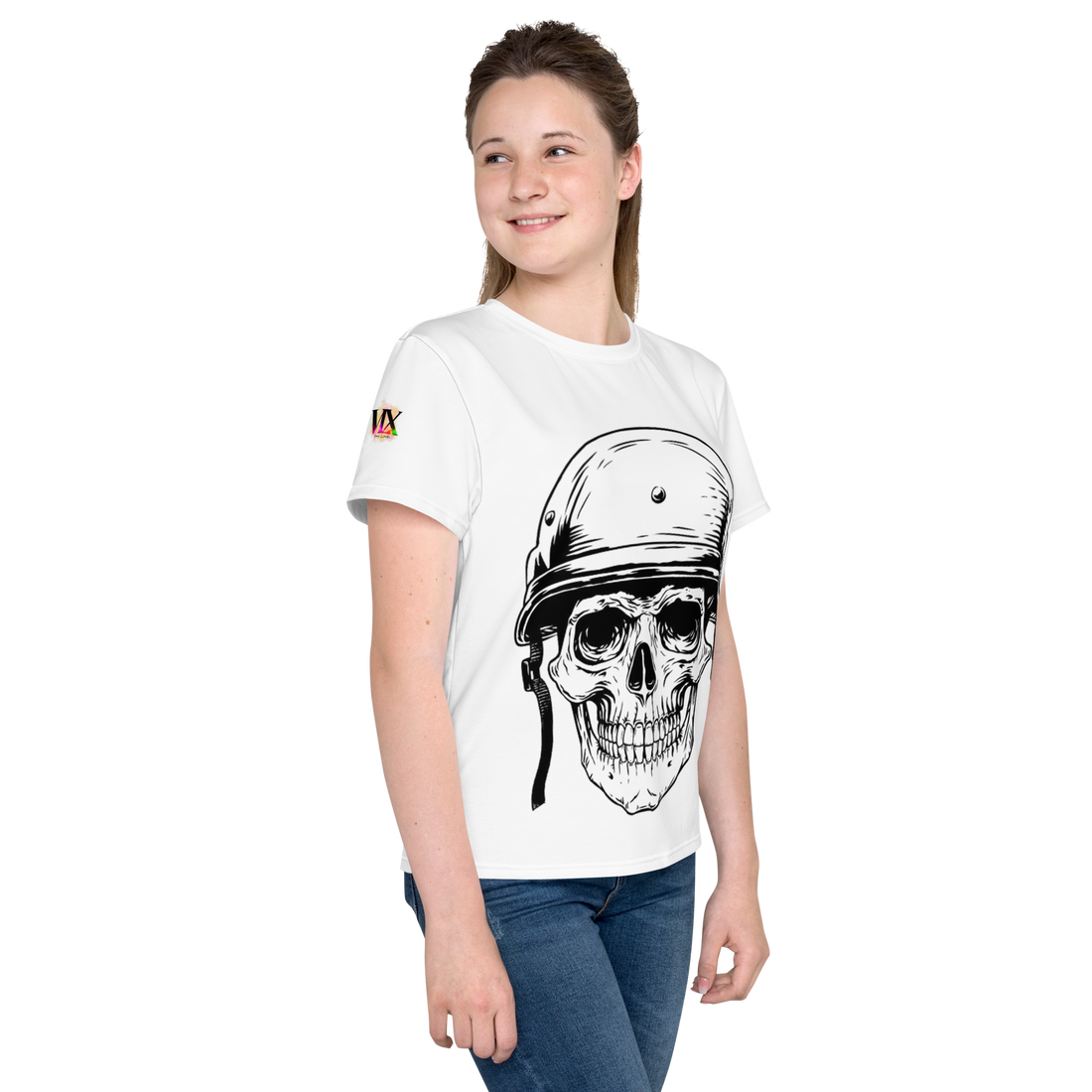 Youth Crew Neck T-Shirt – Skull in a Beret Graphic | White Cotton Tee for Kids | Voce Lindx