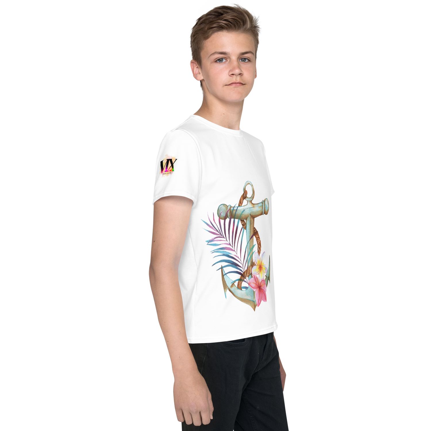 Youth Crew Neck T-Shirt – Nautical Anchor Graphic | Soft White Cotton Tee for Kids | Voce Lindx