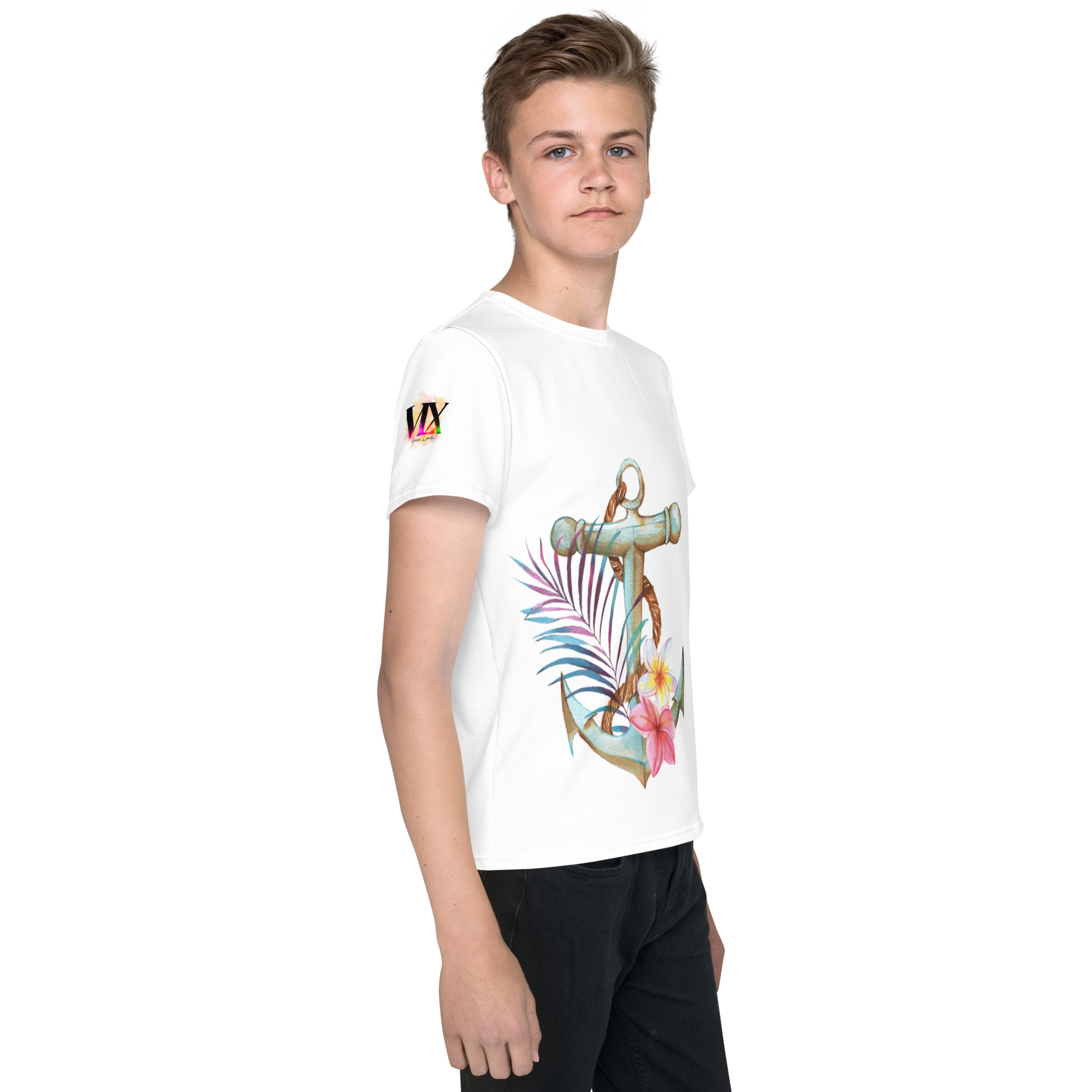 Youth Crew Neck T-Shirt – Nautical Anchor Graphic | Soft White Cotton Tee for Kids | Voce Lindx