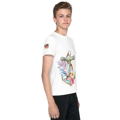 Youth Crew Neck T-Shirt – Nautical Anchor Graphic | Soft White Cotton Tee for Kids | Voce Lindx