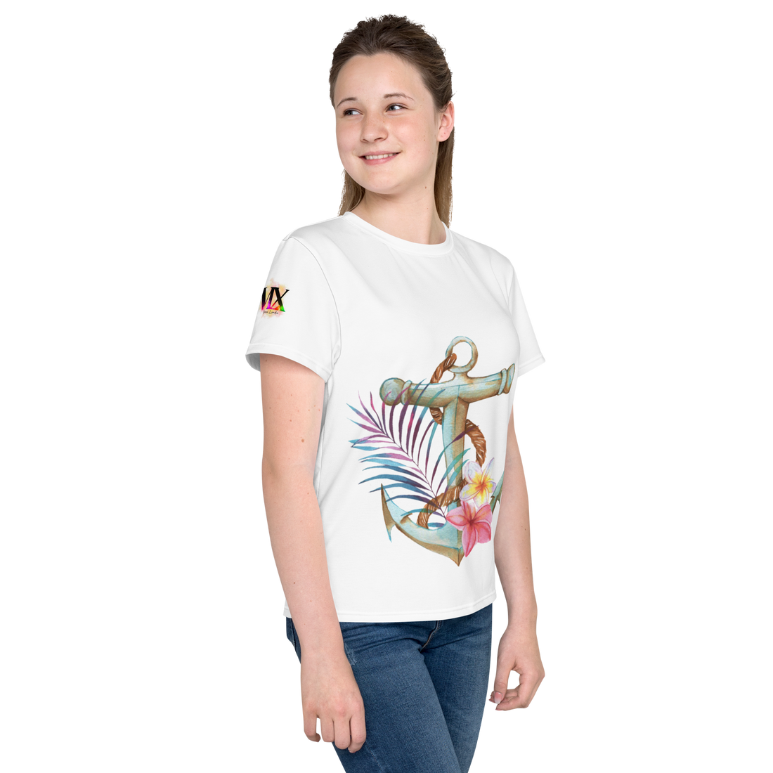 Youth Crew Neck T-Shirt – Nautical Anchor Graphic | Soft White Cotton Tee for Kids | Voce Lindx