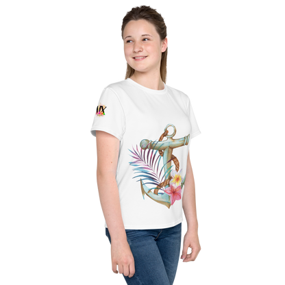 Youth Crew Neck T-Shirt – Nautical Anchor Graphic | Soft White Cotton Tee for Kids | Voce Lindx